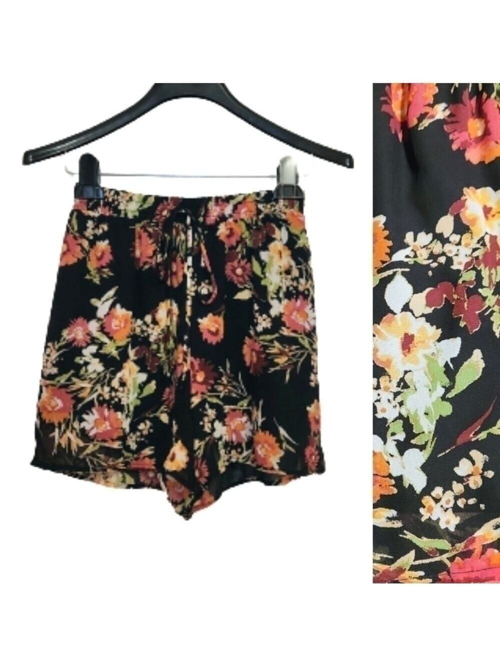 Dee Elly Black Pink Floral Chiffon Shorts Small
